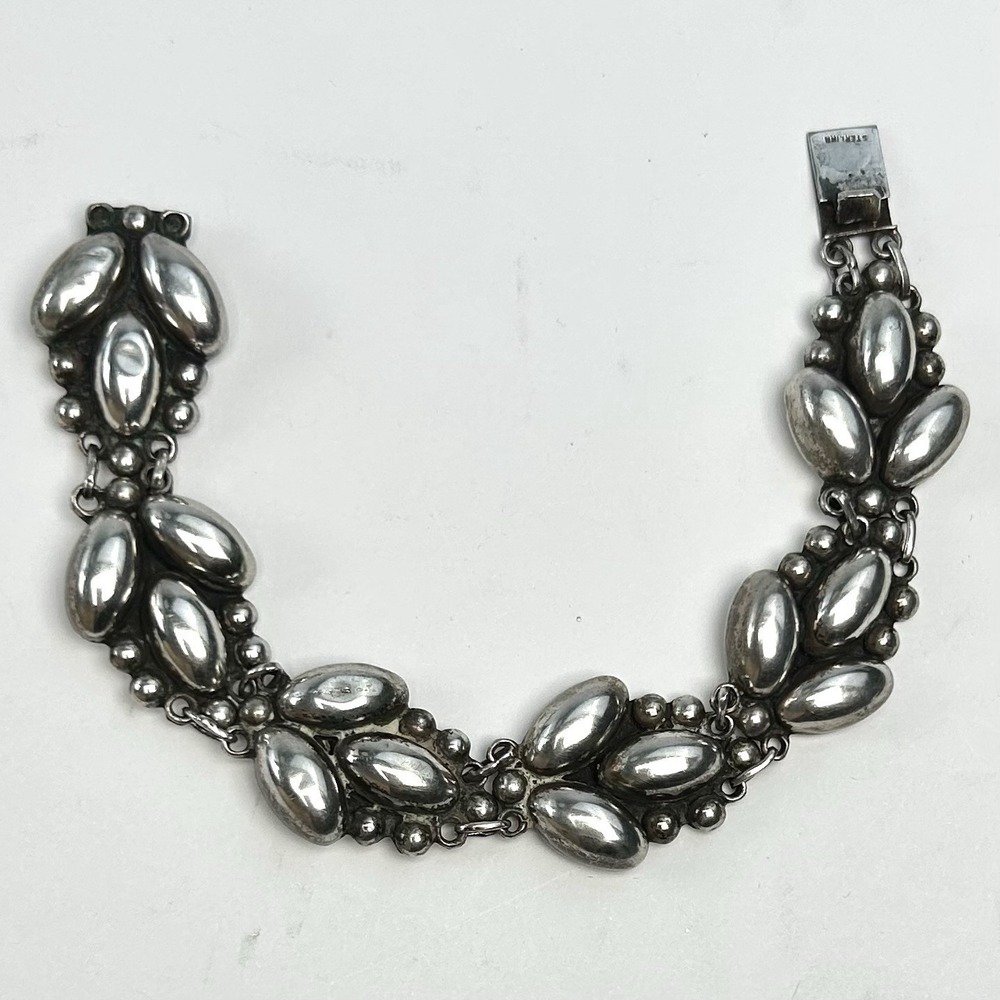 RRA Mexico Sterling Silver 925 Leaf Bead Link Bracelet 7" 20.75g